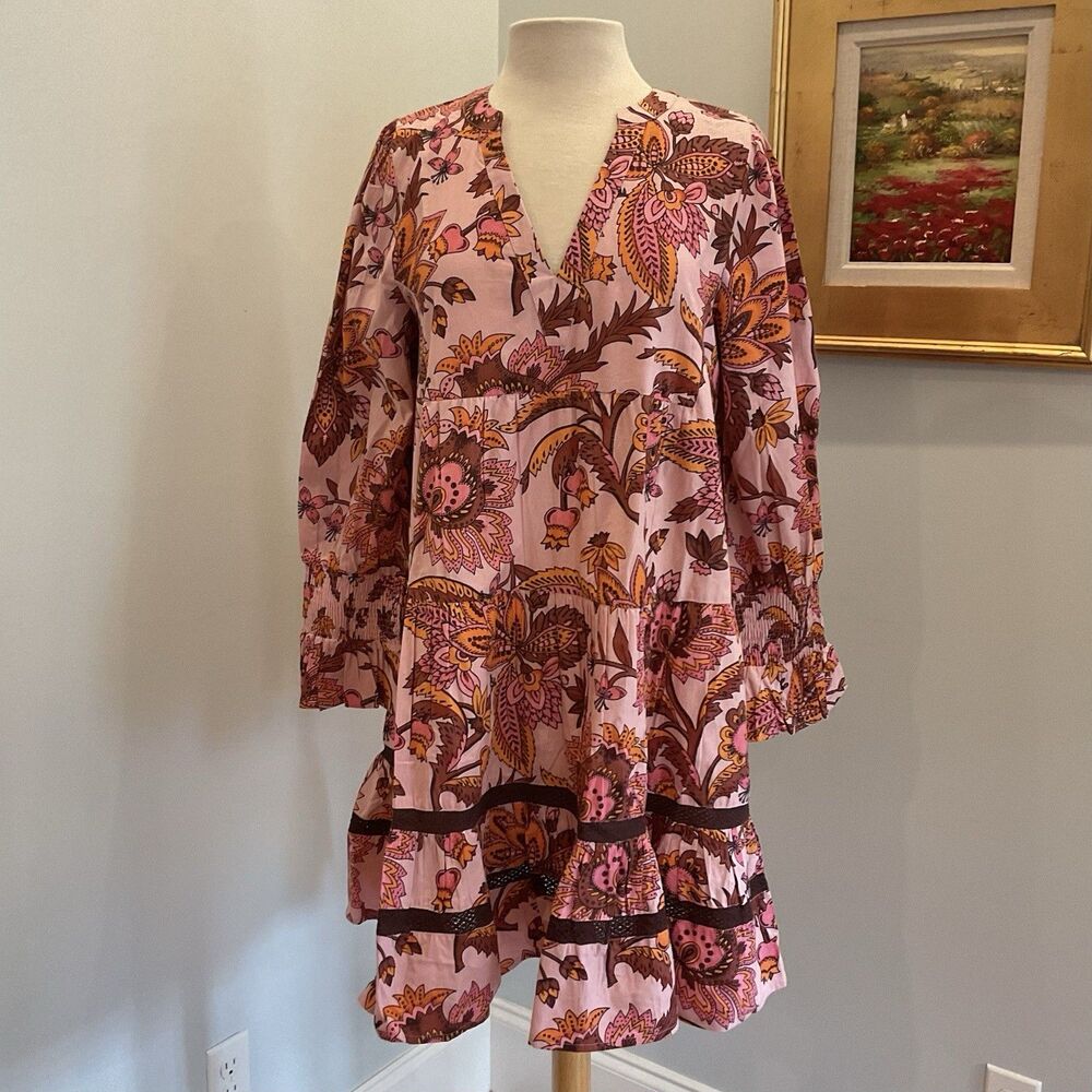 Tuckernuck Pink Ornate Chintz Boho Dress‎ Size L Long Sleeve Tiered Floral NWT